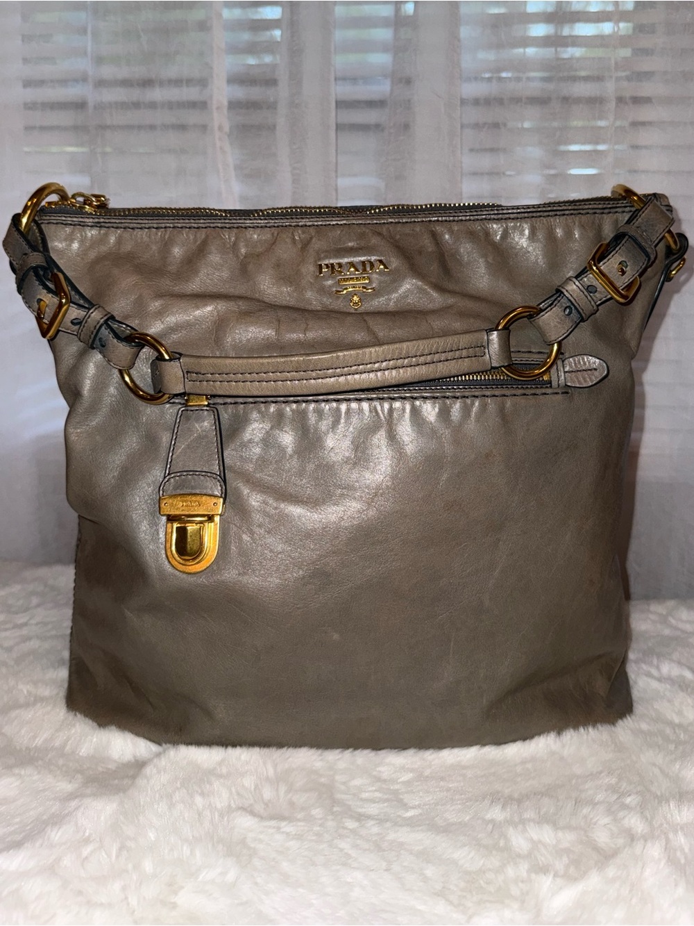 Prada Shine Gray Leather Tote Bag with Gold Hardware